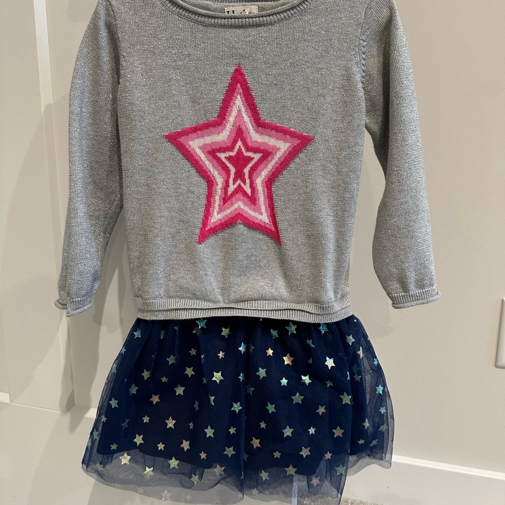 Hatley Gray Sweater Dress with Pink Star and Navy Tulle Skirt